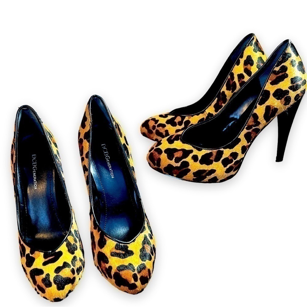 BCBGeneration PL brady leopard pony hair platform pump heels, size 7
